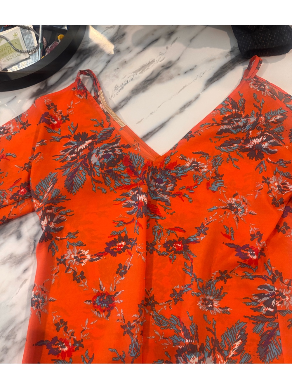 Floral V-Neck Spaghetti Strap Blouse - Orange